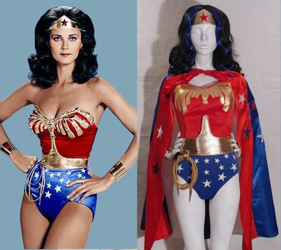 Full Classic Lynda Carter Season 2 Wonder Woman Costume: Emblem Corset Belt  Tiara Cuffs and Your Choice of Bottoms WITH Cape 