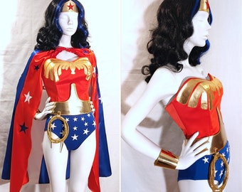 Full Classic Lynda Carter Season 2 Wonder Woman Costume: Emblem Corset, Belt, Lasso, Tiara, Cuffs, Earrings, Choice of Bottoms WITH Cape...