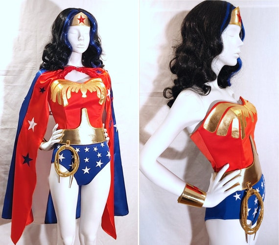 Full Classic Lynda Carter Season 2 Wonder Woman Costume: Emblem Corset Belt  Tiara Cuffs and Your Choice of Bottoms WITH Cape 