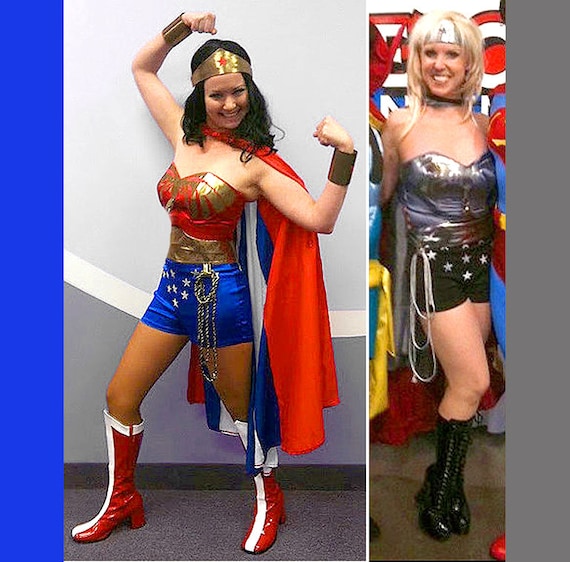 Full Classic Lynda Carter Season 2 Wonder Woman Costume: Emblem Corset Belt  Tiara Cuffs and Your Choice of Bottoms WITH Cape 