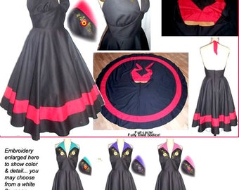 YOUR DESIGN... Full Circle skirted Dress 50s 1950s Pin Up Bombshell Halter Dress with Pretty Embroidery... your fabric your color...