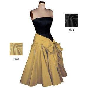 1950s Style Corseted Black Satin Dress: Taffeta Bow Skirt, Buyer's Choice Color image 3