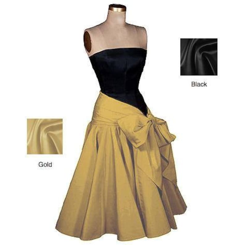 1950s Style Corseted Black Satin Dress: Taffeta Bow Skirt, Buyer's Choice Color image 3