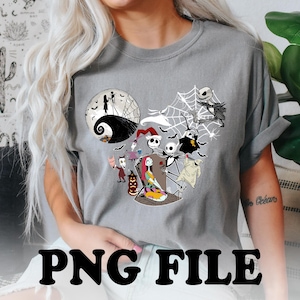 May include: A gray t-shirt with a black and white Mickey Mouse head design featuring characters from the Nightmare Before Christmas movie. The design includes Jack Skellington, Sally, Zero, and other characters.