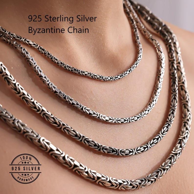 925 スターリングシルバー ビザンチン チェーン ネックレス、シルバー