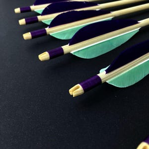May include: A set of six arrows with purple and green fletching. The arrows are made of wood and have a natural finish.