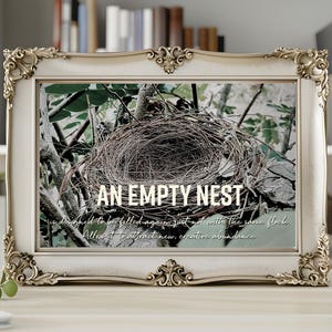Puede incluir: Una impresión enmarcada en blanco con una imagen de un nido de pájaro vacío en un árbol. El texto "An Empty Nest" está impreso debajo de la imagen. El texto debajo de la imagen dice: "is designed to be filled again, just not with the same flock. Allow it to attract new, creative abundance."