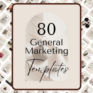 Puede incluir: Un collage de 80 plantillas de marketing general en un esquema de color beige y marrón. Las plantillas presentan una variedad de diseños, que incluyen texto, imágenes y gráficos. El texto "80 plantillas de marketing general" se muestra en una fuente grande en el centro de la imagen.