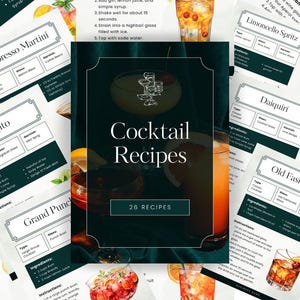 Printable Cocktail Recipe Cards: 26 Classic Drinks, Home Bar Decor (PDF Guidebook