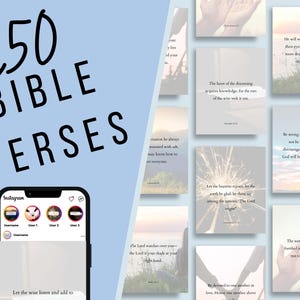 May include: A collage of inspirational Bible verses displayed on a light blue background. The verses are in white text and are surrounded by a soft, blurred background. The text includes verses such as "The Lord watches over you - the Lord is your shade at your right hand." and "He will wipe every tear from their eyes. There will be no more death or mourning or crying or pain."