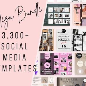 May include: A collage of images showcasing over 13,300 social media templates for use with Canva. The templates include designs for Instagram posts, stories, reels, highlight covers, and podcast graphics. The text "Mega Bundle" is displayed in a pink background.
