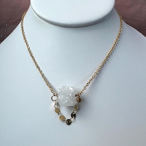 White Druzy Crystal Pendant with Gold Chain Necklace,Natural Raw Druzy Necklace,Layering Necklace,April Birthstone Gift for Her