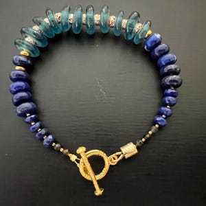 Rare Ocean Blue Fluorite and Lapis Lazuli Gemstone Bracelet,Handmade Beaded Crystal Bracelet,Gold Toggle Bracelet,Perfect Gift for Her