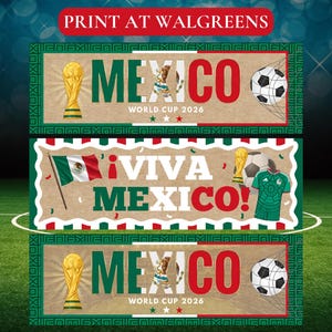Puede incluir: Tres pancartas rectangulares con el texto MEXICO WORLD CUP 2026 y ¡VIVA MEXICO! que incluyen gráficos de un trofeo dorado, un balón de fútbol en una red, la bandera de México y una camiseta verde, enmarcadas por un borde con motivos.
