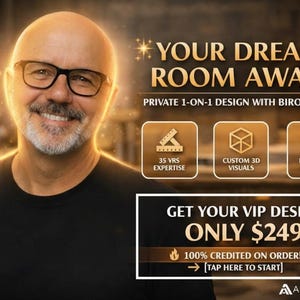 May include: An image promoting a design service, featuring a man with glasses and the text "YOUR DREAM ROOM AWAITS!". Icons represent expertise, 3D visuals, and Feng Shui analysis. The image has a warm colour scheme and includes the text "GET YOUR VIP DESIGN."