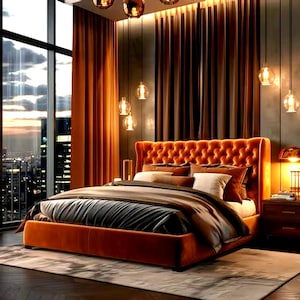 Luxury Caramel Velvet Bed – Wingback Tufted Platform Frame | Custom Designer Bedroom, Adjustable Base Compatible | USA Free Delivery
