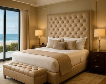 May include: A beige tufted upholstered bed frame with a tall headboard, a matching tufted bench at the foot of the bed, white bedding with a beige runner, and two beige throw pillows, flanked by two dark wood nightstands with matching lamps.