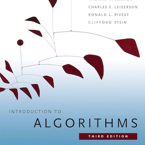Peut inclure: La couverture du livre "Introduction to Algorithms, Third Edition" présente un mobile artistique avec des formes bordeaux sur un fond bleu dégradé. Le titre et les noms des auteurs sont en noir.