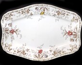 Antique Alfred Meakin quot Westmeath quot 11 3 8 quot Oval Platter , White with Brown Transferware, Hand Tinted Flowers, Made in England