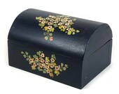 Hand-Painted Wood Box, Dark Navy Blue, Domed Lid, Hand Painted Flowers, Trinket Box, Hinged Lid
