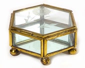 Vintage Small Glass and Brass Display Box - Hinged Lid, 6 Sided, Brass Feet, Mirrored Base, Etched Flower in Lid