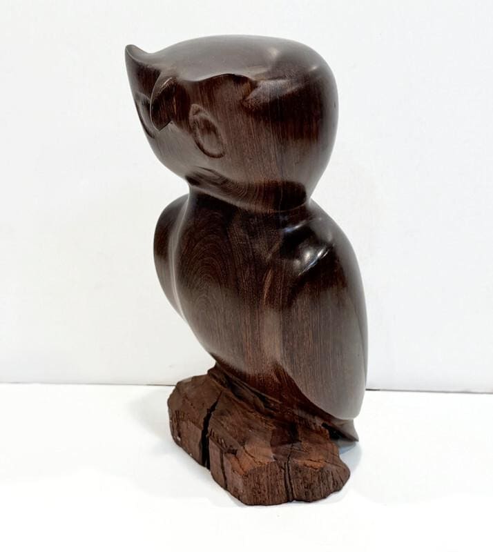 Vintage Hand Carved Great Horned Owl, Ironwood, Stylized Owl