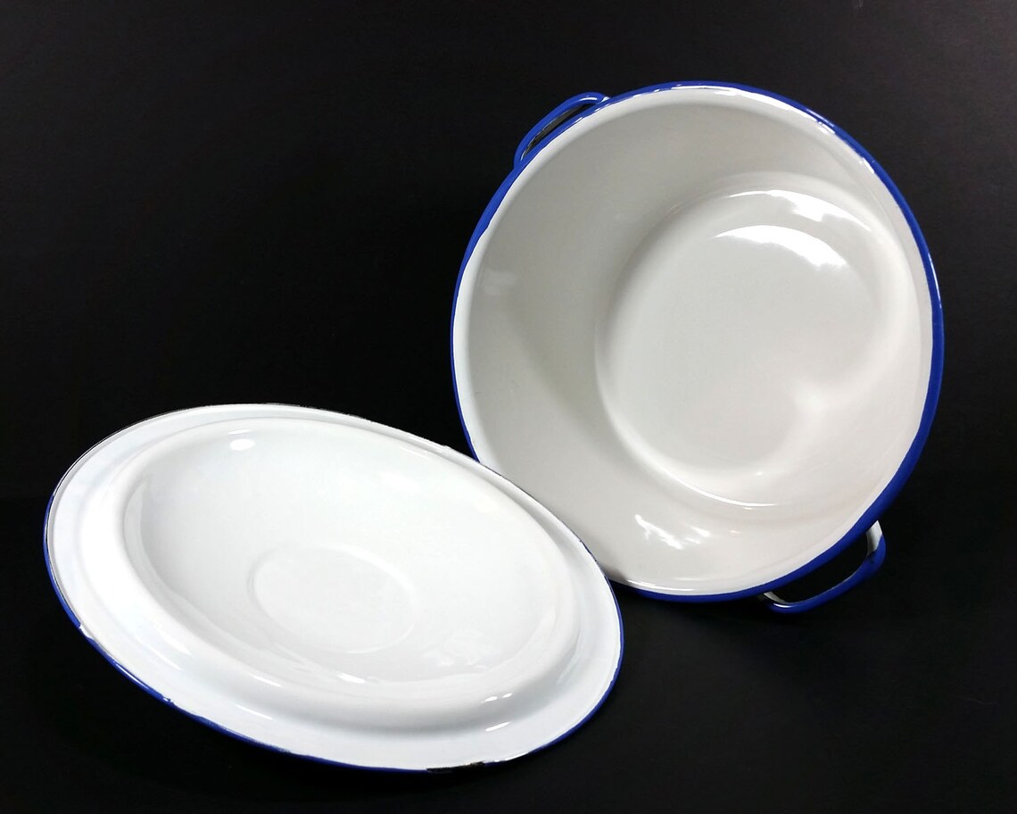 Vintage BlueTrimmed White Enameled Large Pot with Blue Floral Etsy