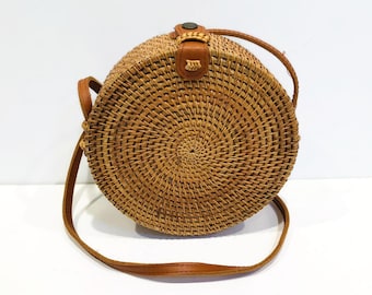 Finely Woven, Delicate Wicker or Woven Purse with Khaki Colored Cloth Interior, Faux Leather Long Strap and Closure Latch