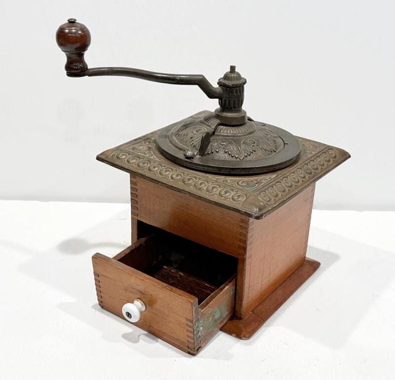 Vintage Coffee Grinder, Wood Base, Dove-tailed Corners, Cast-iron