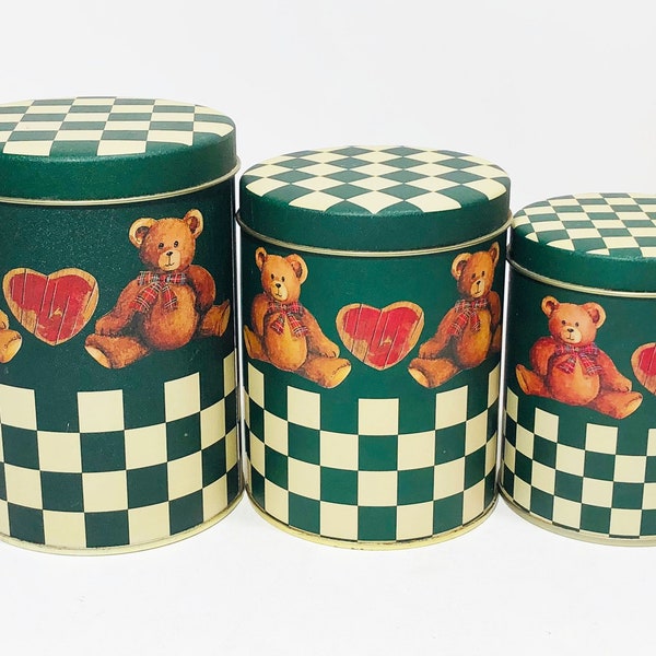 Vintage Trio of Teddy Bear Tins, Green Checkers, Teddy Bears and Hearts, Nesting Tins