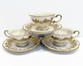 Vintage "Golden Moment" by Castleton, Salad Plates, Bread/Butter Plates, Cups/Saucers, Grape Leaves with Gold Trim, 1964-1972