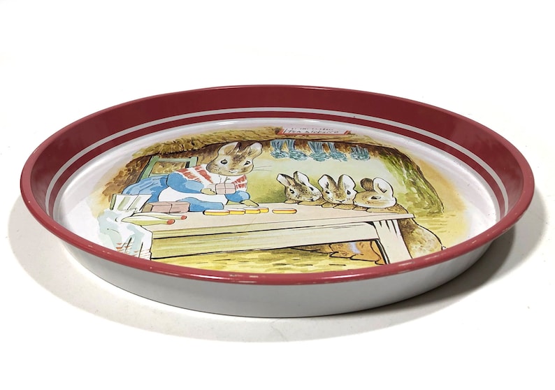 Dark Pink Border Vintage Beatrix Potter Metal Tray Round Tray Made in England Mother Rabbit and Three Baby Bunnies