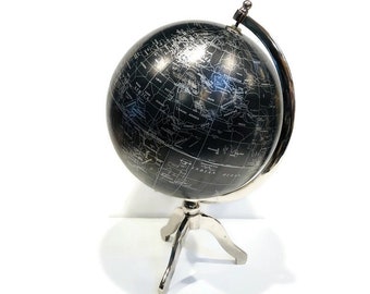 Vintage Black Globe - 12 Inch Globe, Black Oceans, Silver Hardware, Tripod Base