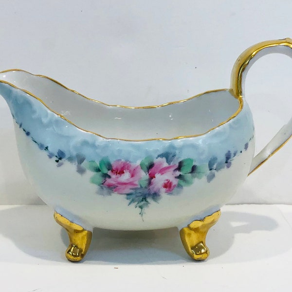Antique T & V  Depose - Limoges Gravy Boat, Soft Blue, Hand-Painted Roses, Gold Handle, Rim and Feet, French, Tressemann and Vogt