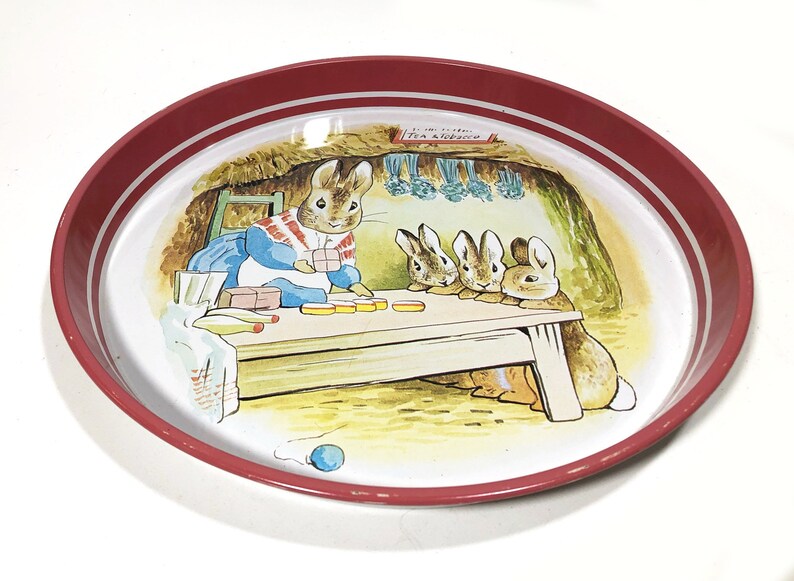 Dark Pink Border Vintage Beatrix Potter Metal Tray Round Tray Made in England Mother Rabbit and Three Baby Bunnies