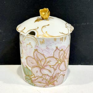 Antique Limoges French Jam/Jelly Jar, Porcelain, Pink Floral Motifs, Gold Gilding, Flower Shaped Lid Knob, Spoon Notch on Lid