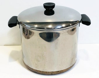 Vintage Revere Ware Copper Bottomed Large Lidded Stock Pot, 8 Quart Capacity, 9.25" Diameter, Silver Interior / Exterior