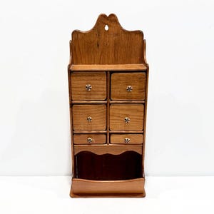 Vintage Wood Spice Cabinet, Wall Mounted, by "Woodcraft of California", Six Drawers, Floral Drawer Pulls, Lovely Design
