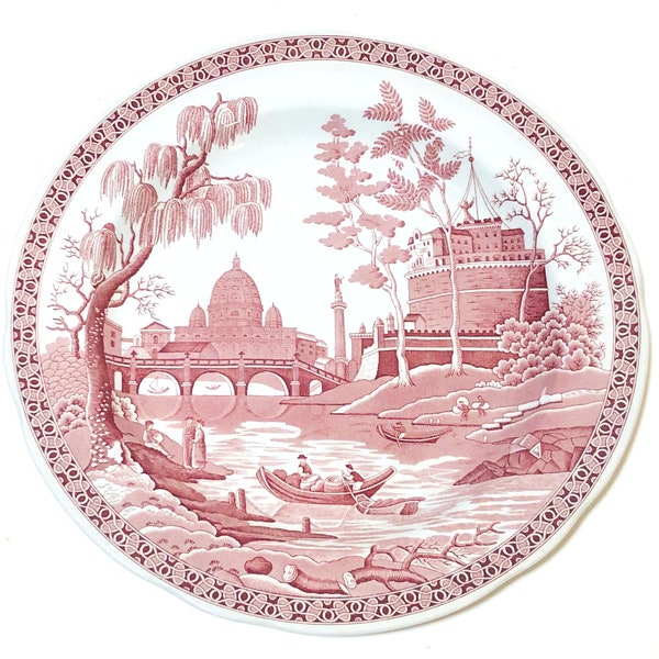 Vintage Spode 10.5" Dinner Plate, "Rome", Spode Archive Collection, Cranberry and White China (2 Available)