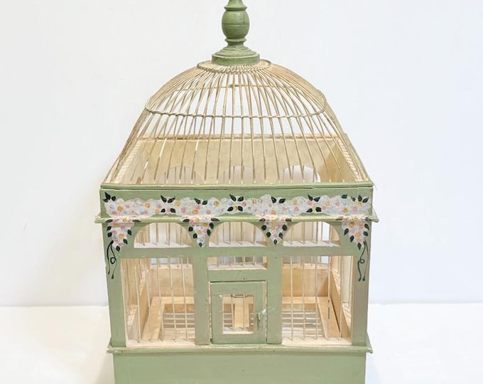 Pretty Vintage Pale Green Wood and Wire Bird Cage, Domed Top, Hand ...