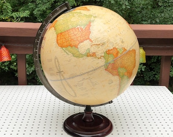 Vintage Cram "Classic Style" Globe, Tan/Sepia Oceans, Colored Continents, Burnished Gold Metal Arm, Dark Reddish Brown Wood Base
