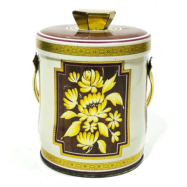 Murray Allen Round Floral Tin "Honeysuckle" with Metal Handle and Brass Lid Knob -  Made in England