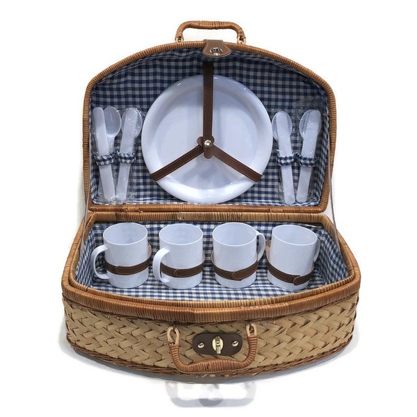 Large Vintage Picnic Basket with White Plastic Plates, Mugs, Flatware for Four, Blue Plaid Cotton Lining, Suitcase Style Basket