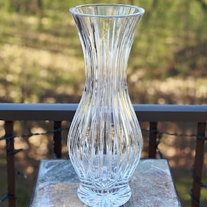 May include: A clear glass vase with vertical ribbed detailing. The vase has a flared top and a rounded base with a decorative pattern. The vase is sitting on a stone surface with a blurred green background.