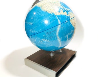 Vintage 12" Globe, "Rand McNally - International Globe", Ocean Floor Topography, Rectangular Metal Base (Faux Wood) Book Holder/Shelf