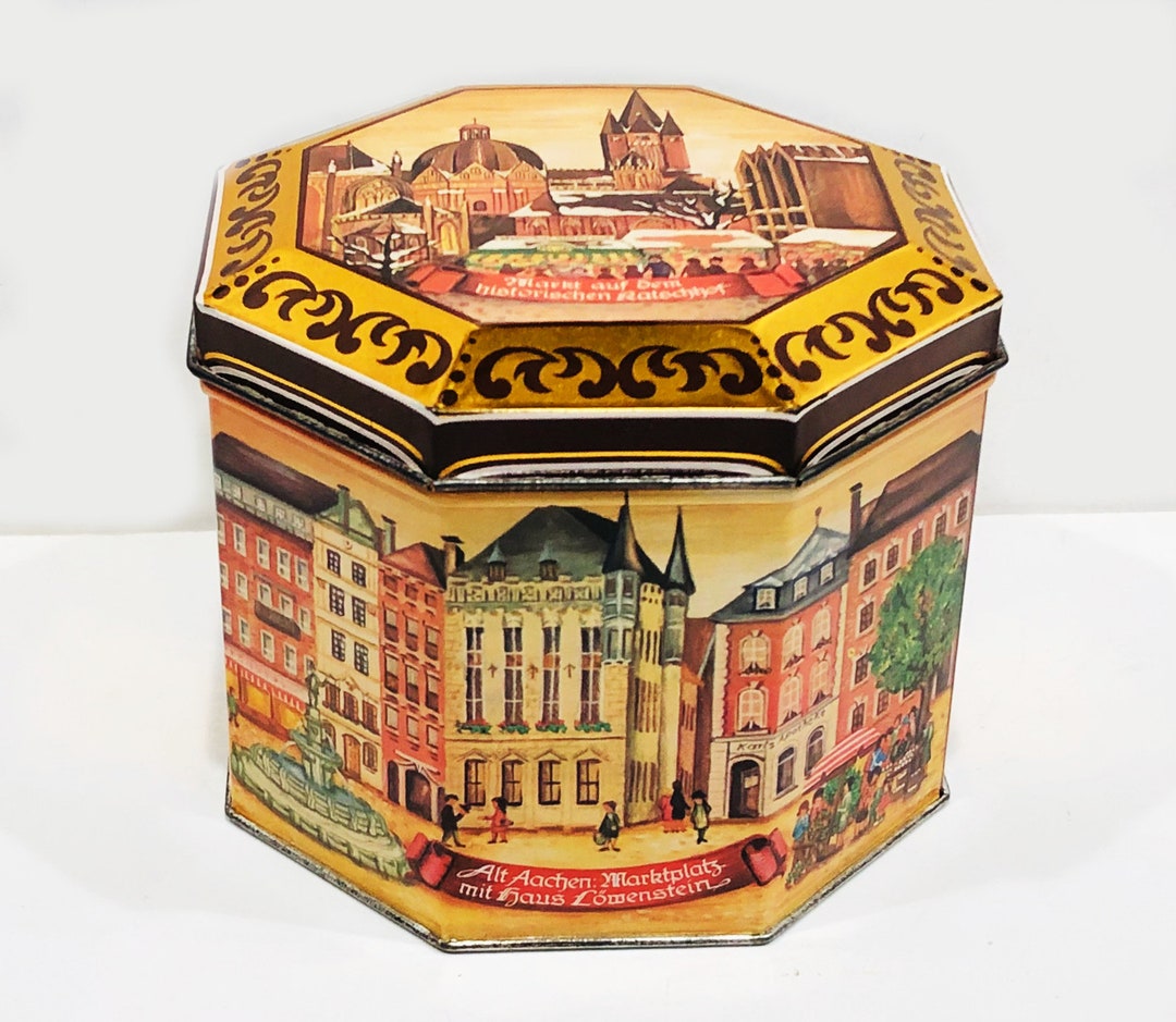 Vintage Wicklein Lebkuchen Tin Eight Sided, Lidded, Maroon, Historic