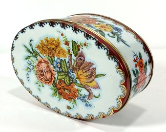 Vintage Oval Floral Tin, Ivory with Burgundy and Gold Borders, Daher Tin, Made in England