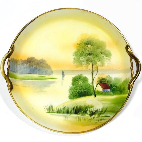 Vintage Shallow Japanese Serving Dish, Display Plate, Pretty Landscape, Warm, Subdued Colors, Gold Trim / Handles