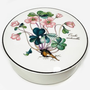 May include: A white ceramic round box with a brown trim and a floral design. The design features pink flowers, green leaves, and the text "Oxalis acetosella".