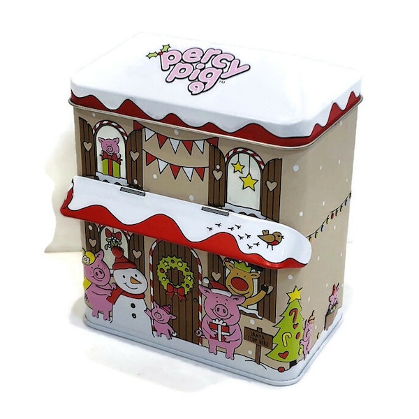Percy Pig Christmas Tin, Two-Story Building Tin, Christmas Decorations, Snow Covered Roof, Snowman, Percy Pig Family, Movable Awning